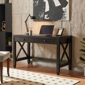 Home office desk writing table two drawers wooden knob handles finished on the back X brace leg frame