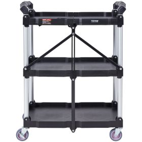 VEVOR Foldable Utility Service Cart, 3 Shelf 165LBS Heavy Duty Plastic Rolling Cart with Lockable Wheels, Ergonomic Handle
