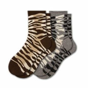 Sierra Socks Zebra Pattern Hi Anklet Casual Cotton Womens 2 Pair Socks (Color: Brown, Gray)