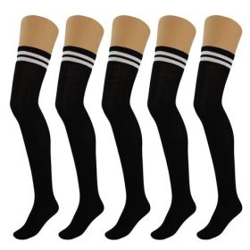 5 Pairs Over Knee Thigh High Cotton Socks for Women Warm Boot Leg (Shoe Size: 5-10, Color: Black)