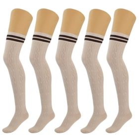5 Pairs Over Knee Thigh High Cotton Socks for Women Warm Boot Leg (Shoe Size: 5-10, Color: BEIGE)