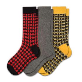 Men's Combed Cotton Crew Socks - Diamond Pattern 3 Pair Packs (Color: Yellow/Gray/Red (A1))