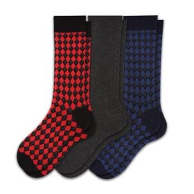 Men's Combed Cotton Crew Socks - Diamond Pattern 3 Pair Packs (Color: Navy/Charcoal/Black (A2))