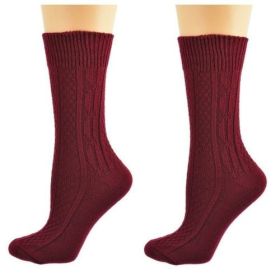 Classic Cable Knit Acrylic Crew Socks 2 pair pack (Color: Dark Maroon)